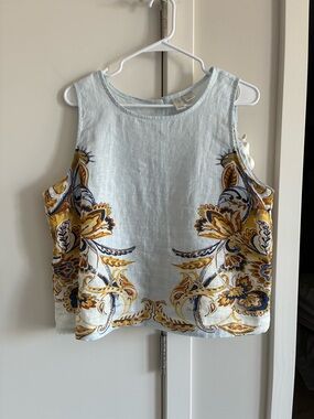 Linen Short Set.  Embroidered Floral Border